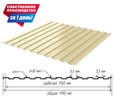 Профнастил (профлист) С-8 RAL1014 Бежевый ширина 1.19(1,15)м толщина 0.45мм размеры